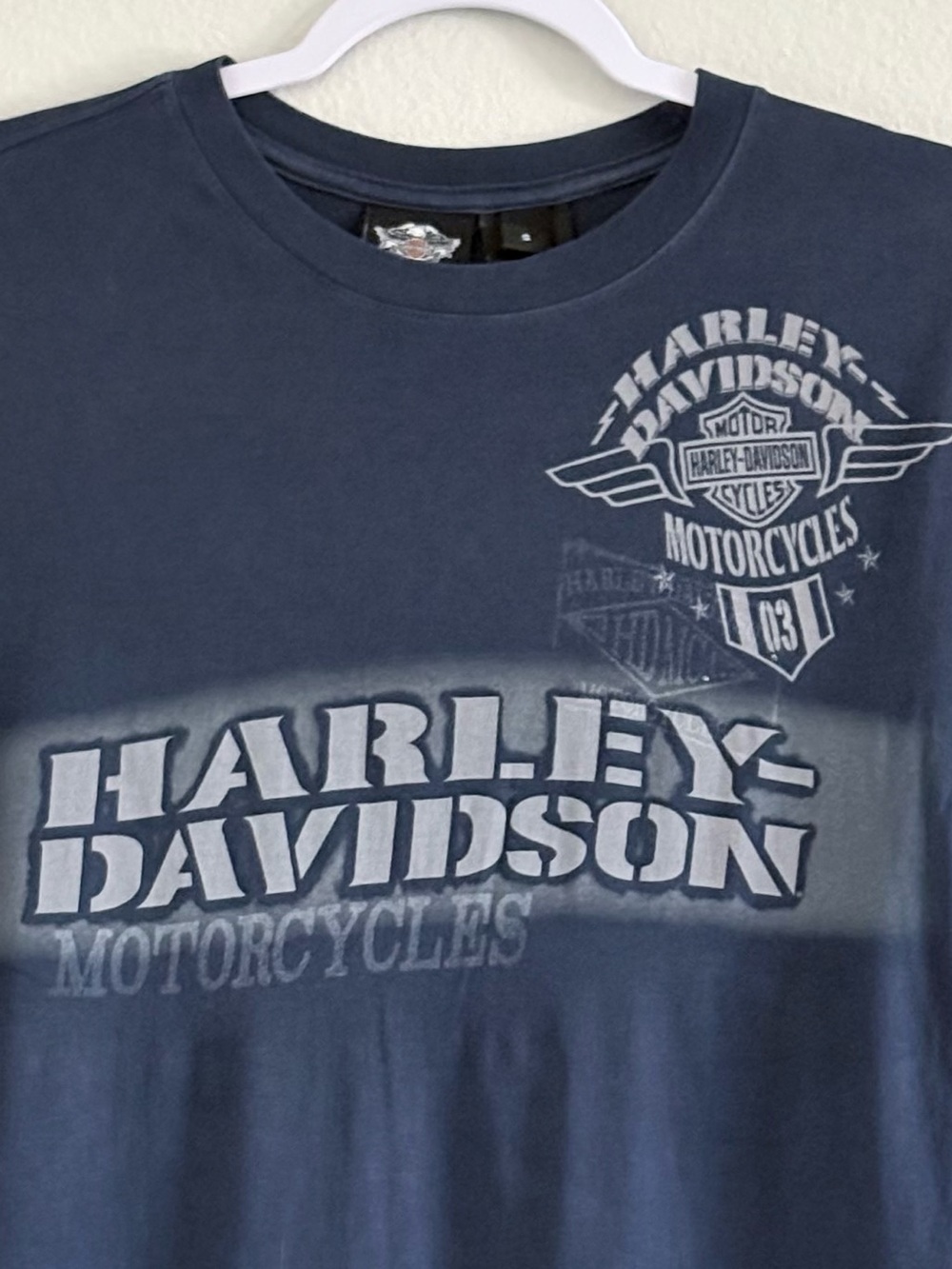 HARLEY DAVIDSON Classic Design Distressed Graphic T Shirt | Blue | Size Small